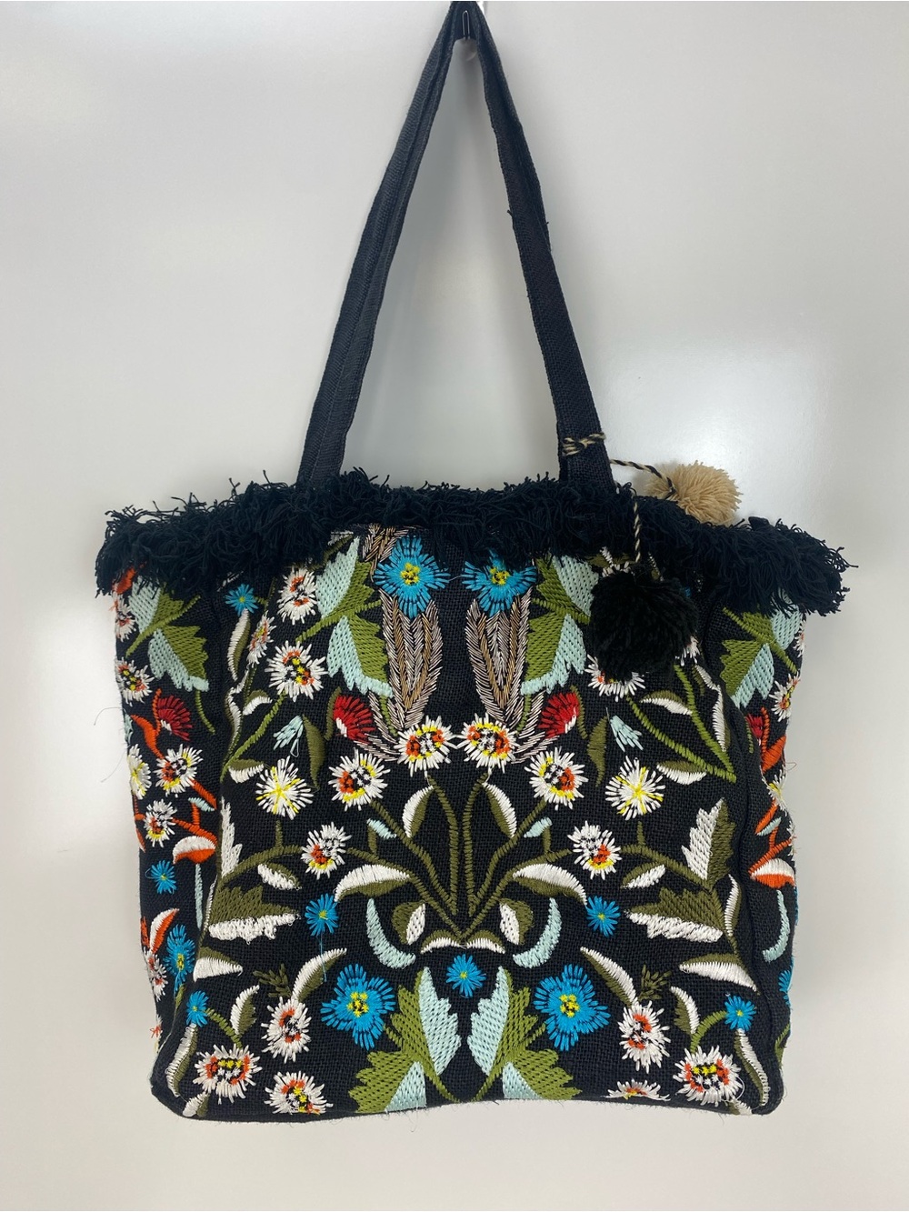 Sam Edelman Black Floral Embroidered Tote with Colorful Blossom Pattern